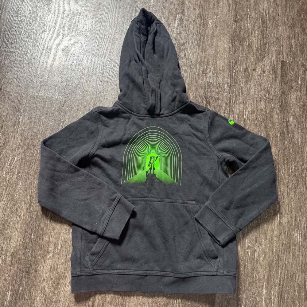 Nike Hoodie Kids Small Black‎ Neon Green Graphic Pullover Sweatshirt Athletic